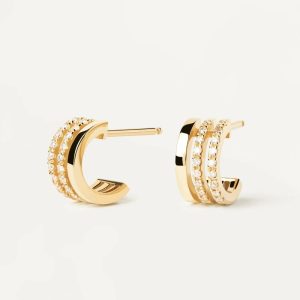 Diamonds And Gold Triple Hoops Diamond Earrings